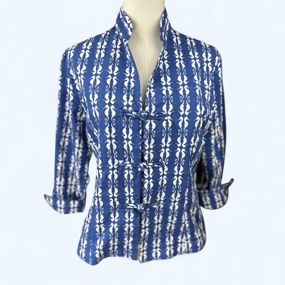 Three Islands SM  Small with Mandarin Collar, Indigo blue& white jacket‎